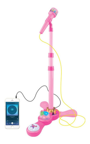 Microfone Infantil Com Pedestal Luz E Conexão Smartphone Diversão Musical Rosa Kids
