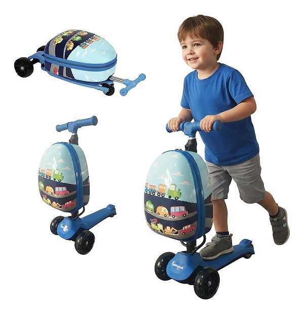 Patinete Elétrico Infantil 3 Rodas Com Mala Azul Para Crianças A Partir De 4 Anos Com Luz E Freio