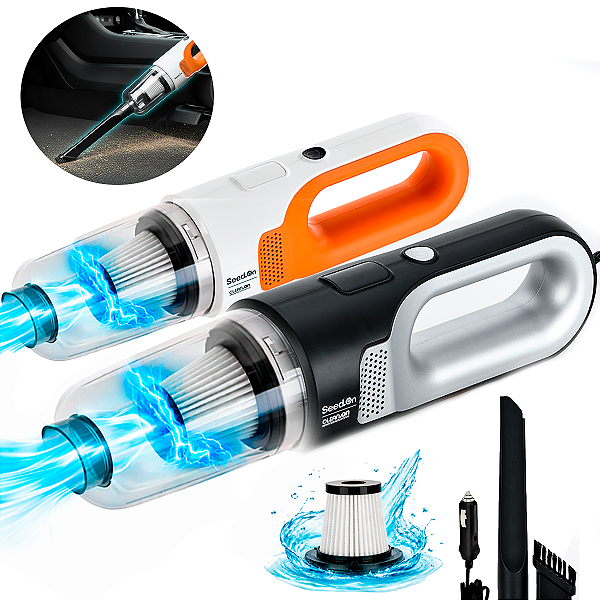 Aspirador de Pó Automotivo Portátil Lançamento Premium Seed On 180W Cabo Extra Longo 4m e Filtro Removível Preto/Laranja