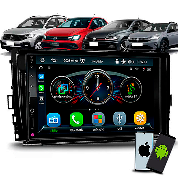 Kit Multimídia MP5 7" Roadstar + Moldura 2DIN Black Piano T‑Cross/Polo/Virtus/Nivus – CarPlay e Android Auto