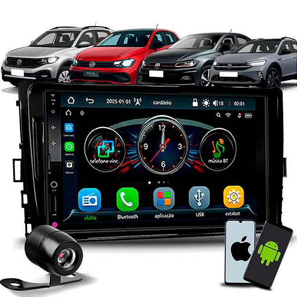 Kit Multimídia MP5 7" Roadstar + Moldura 2DIN Black Piano + Câmera de Ré Universal - T‑Cross/Polo/Virtus/Nivus