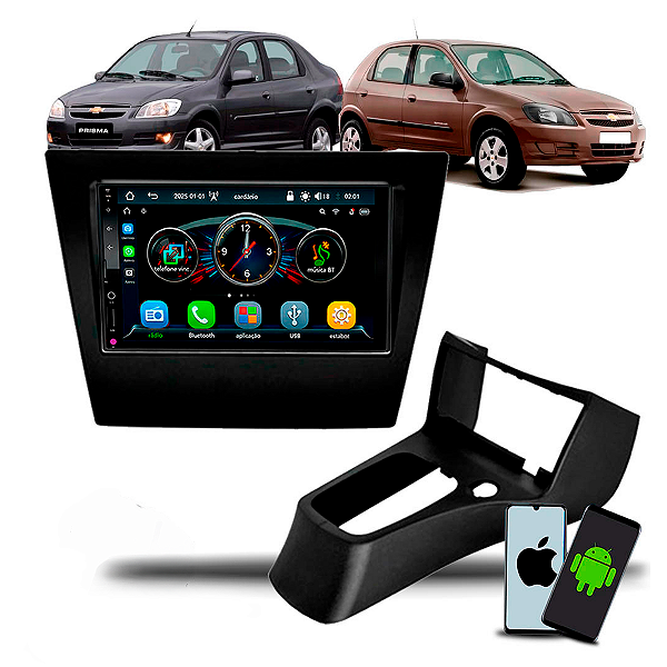 Kit Multimidia MP5 7" Roadstar Tela 7" com CarPlay e Android Auto + Moldura 2din Celta G2 2006 a 2015