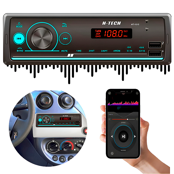 Rádio Som Automotivo MP3 HT-1015 com Bluetooth USB Música +USB 2.1A 4x25W RMS Equalizador Controle Via Aplicativo H-Tech