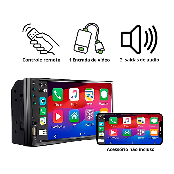 Multimidia MP5 2 DIN 7" IPS Full Touch HT-3827CA CarPlay Android Auto Sem Fio Bluetooth USB SD AUX 4x60W H-TECH