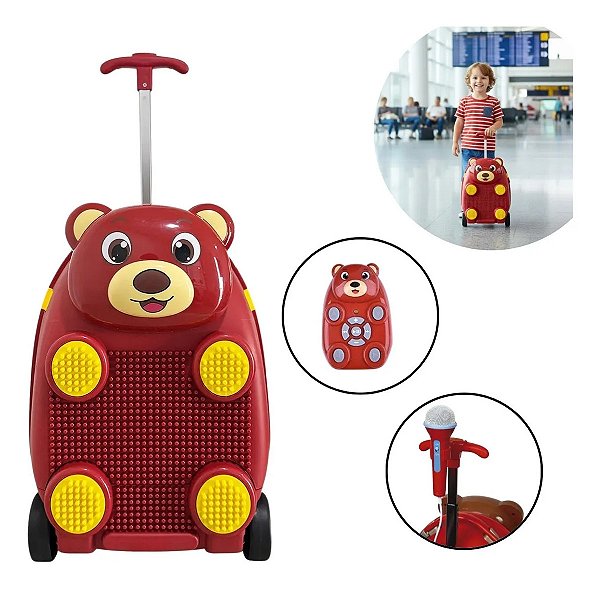 Mala Infantil Urso 3x1 Com Som Microfone E Blocos De Montar Com Rodinhas Recarregável Inmetro