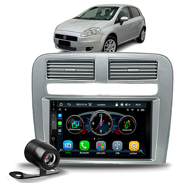 Kit Multimidia MP5 Roadstar RS-7007 BR 7" BT USB Com CarPlay e Android Auto S/Fio + Moldura 2 Din Fiat Punto + Câmera Ré
