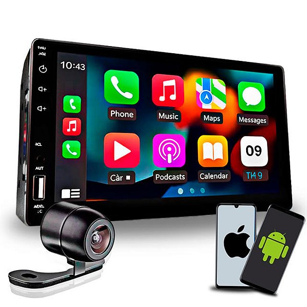 Kit Multimidia MP5 2DIN 7" IPS Full Touch HT-3827CA CarPlay Android Auto BT USB SD AUX 4x60W H-TECH + Câmera Universal