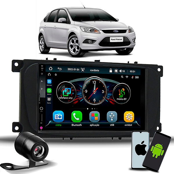 Multimídia MP5 Roadstar 7 Polegadas IPS Bluetooth USB Com CarPlay e Android Auto Sem Fio Moldura 2 Din Ford Focus Câmera