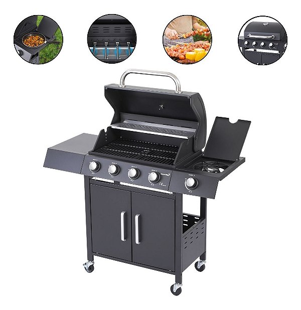 Churrasqueira A Gás 4 Queimadores 1 Lateral Preta Grill Inox Área Gourmet Churrasco Btu Alto Desempenho