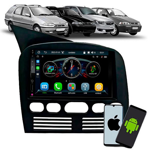 Multimídia MP5 Roadstar 7Pol Bluetooth USB Com CarPlay e Android Auto Sem Fio Moldura 2din Palio Siena Strada Weekend G1