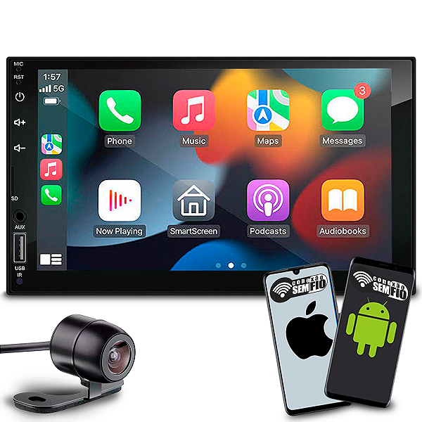 Central Multimídia 7 Polegadas Com Carplay e Android Auto Sem Fio + Controle Remoto + Câmera de Ré Colorida
