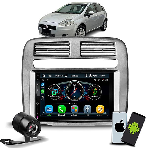 Multimídia 7 Polegadas Automotivo Bluetooth USB Com CarPlay e Android Auto Sem Fio Moldura Fiat Punto 2008 a 2012 Câmera