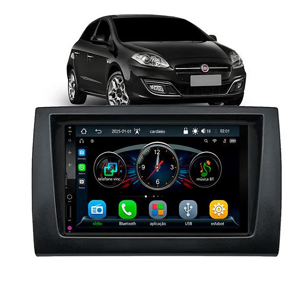 Multimídia 7 Polegadas MP5 Automotivo Com CarPlay e Android Auto Bluetooth USB Sem Fio Moldura Fiat Bravo G2 2010 a 2016