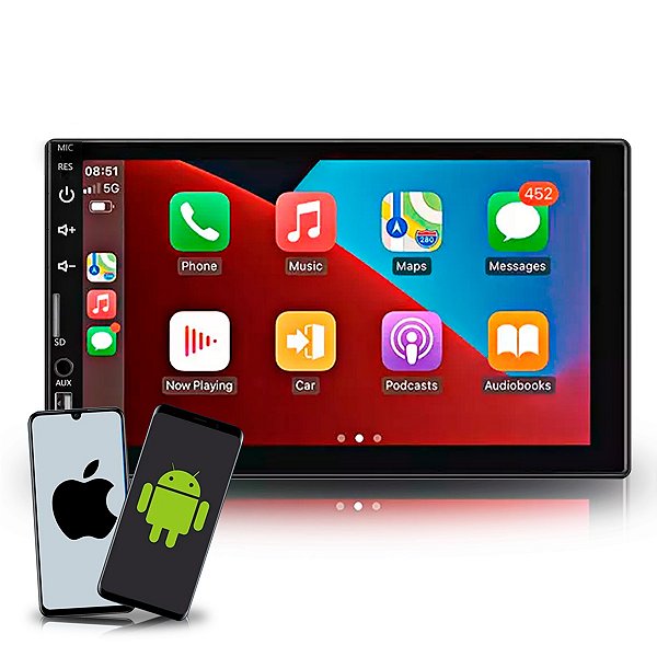Central Multimídia 7Polegadas MP5 c/Apple Carplay e Android Auto Com fio EntradaUSB Frontal Bluetooth H-Tech