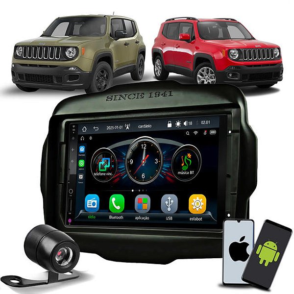 Multimídia 7 Pol MP5 Bluetooth USB Com CarPlay e Android Auto Sem Fio Moldura Jeep Renegade a partir de 2015 Câmera Ré