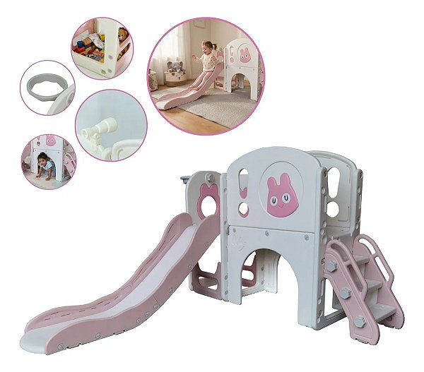 Playground Infantil 5x1 Parquinho Rosa Multifuncional Com Escorregador Cesta Telescópio E Ponte