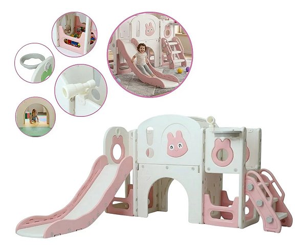 Playground Infantil 6x1 Parquinho Rosa Multifuncional Com Escorregador Cesta Telescópio Ponte Completo