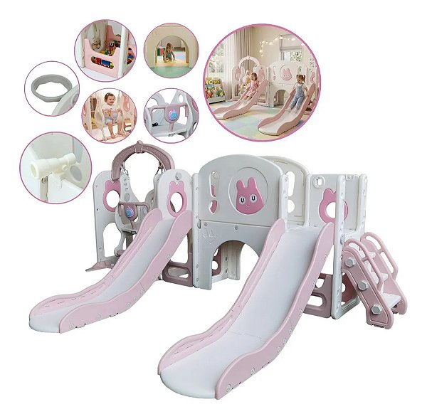 Playground Infantil 7x1 Parquinho Rosa Multifuncional Com Escorregador Duplo Balanço Música Completo