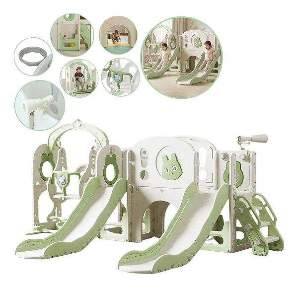 Playground Infantil 7x1 Parquinho Verde Multifuncional Com Escorregador Duplo Balanço Música Completo