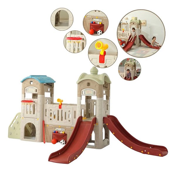 Playground Infantil 9x1 Playhouse Bege Multifuncional Com Escorregador Duplo Balanço Ponte Completo