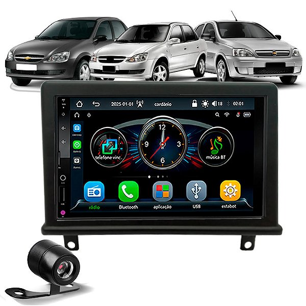 Multimídia MP5 7 Pol Com CarPlay e Android Auto Bluetooth USB Sem Fio Moldura Chevrolet Corsa G1 1995 até 2011 Câmera Ré