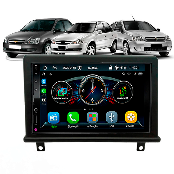 Multimídia MP5 7 Pol Automotivo Com CarPlay e Android Auto Bluetooth USB Sem Fio Moldura Chevrolet Corsa G1 1995 a 2011