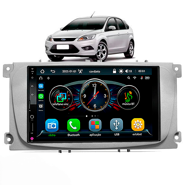 Multimídia MP5 Automotivo 7 Polegadas Com CarPlay e Android Auto Bluetooth USB Sem Fio Moldura Ford Focus 2009 até 2013