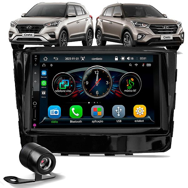 Multimídia MP5 7 Polegadas Bluetooth USB Com CarPlay e Android Auto Sem Fio Moldura Hyundai Creta 2017-2021 Câmera de Ré