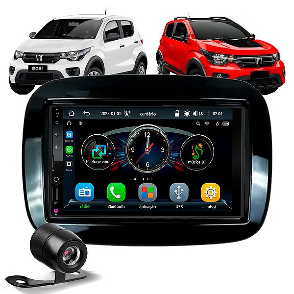Multimídia MP5 7 Polegadas Bluetooth USB Com CarPlay e Android Auto Sem Fio Moldura Fiat Mobi 2016 até 2025 Câmera de Ré