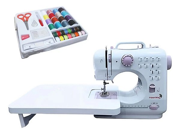 Máquina De Costura Portátil Com Kit Completo Mesa Extensora Luz Pedal E Bivolt Para Iniciantes