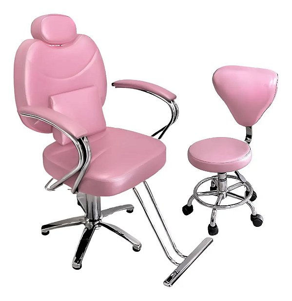 Cadeira Barbeiro Reclinável Base Estrela Com Mocho Descanso De Perna Ajuste Hidráulico Rosa Salão De Beleza
