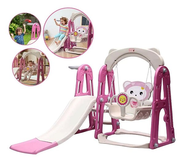 Playground 3 Em 1 Escorregador Balanço Basquete Rosa Infantil Importway Crianças 2 Anos