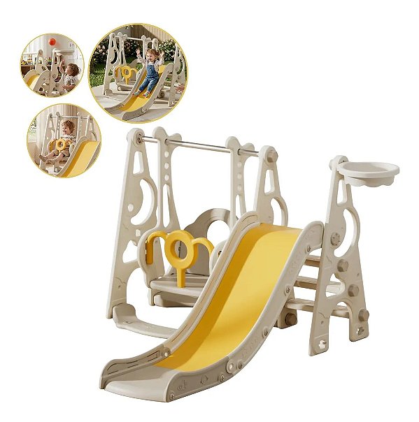 Playground 3 Em 1 Escorregador Balanço Basquete Bege Infantil Importway Crianças 2 Anos Premium