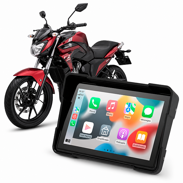Multimídia Moto 5 Pol Yamaha Fazer FZ25 2005 até 2026 Com Apple Carplay e Android Auto Bluetooth Sem Fio À Prova D’Água