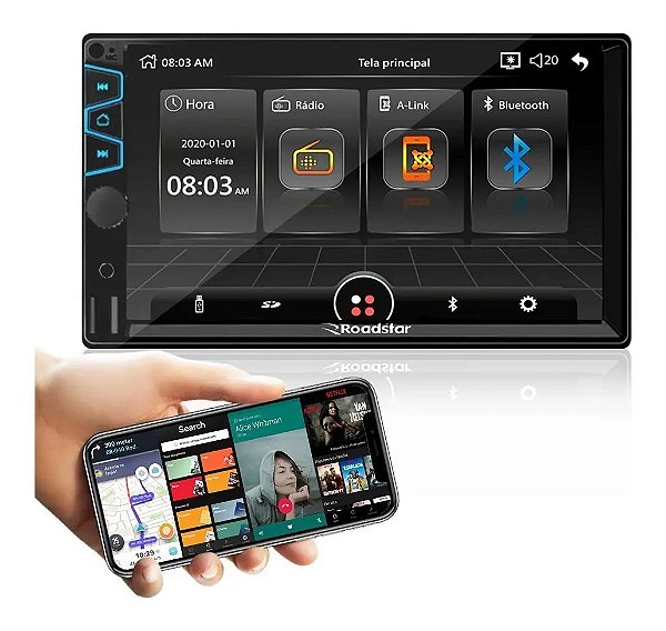 Central Multimídia 7 Polegadas MP5 2din Espelhamento Bluetooth USB SD AUX Rádio FM Controle App Roadstar RS404BR Plus