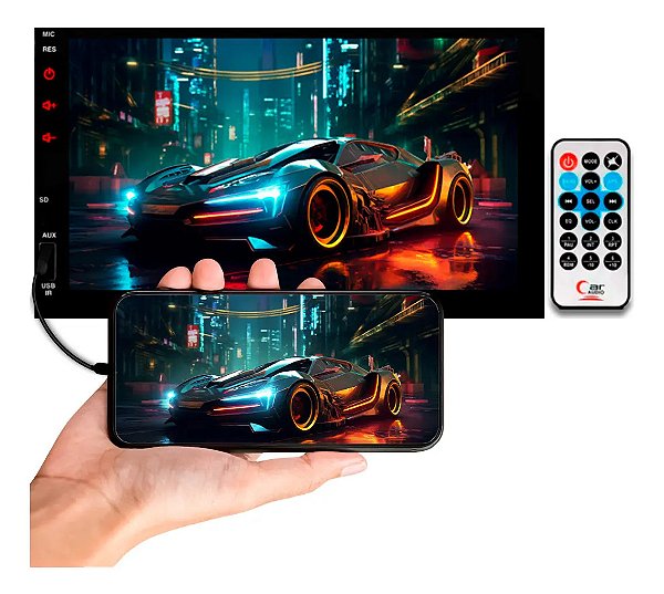 Multimídia 7 Polegadas Full Touch 2 Din MP5 Espelhamento Celular Android e IOS Com Fio Bluetooth Controle Remoto H-Tech