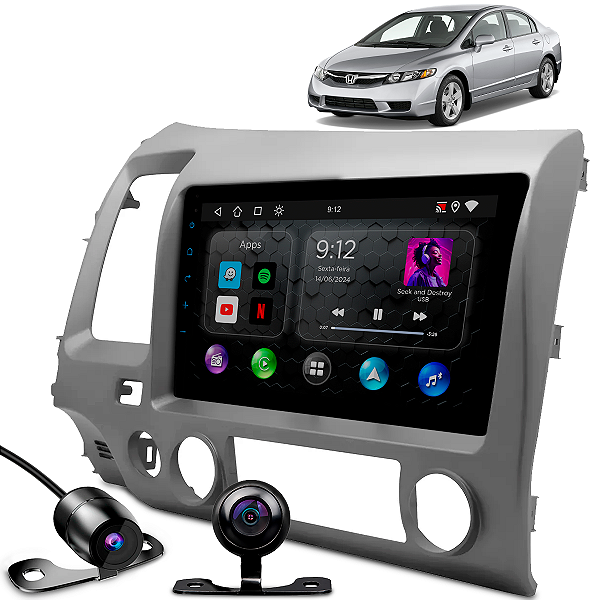 Multimídia Android 9 Polegadas Honda Civic G8 2007 Até 2011 2gb+32gb Com Câmera De Ré E Câmera Frontal Carplay E Android Auto Sem Fio E Moldura