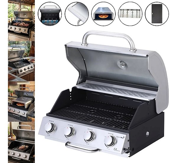 Churrasqueira Gás Embutir Inox 4 Queimadores Com Forno De Pizza Chapa E Defumador Gourmet