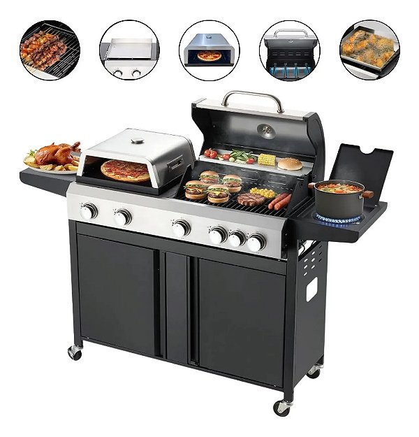 Churrasqueira Gourmet Inox 3 Em 1 Com Chapa Forno De Pizza E Defumador Para Área Gourmet