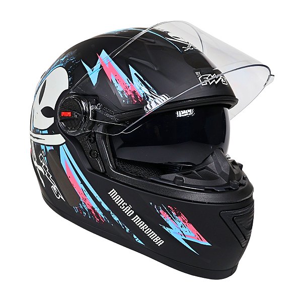 Capacete Moto GTX Mansão Maromba Preto Fosco Rosa e Azul c/Óculos Interno e Viseira Cristal Tamanho 58 Lançamento - Fw3
