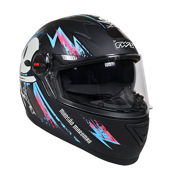 Capacete Moto GTX Mansão Maromba Preto Fosco Rosa e Azul c/Óculos Interno e Viseira Cristal Tamanho 56 Lançamento - Fw3