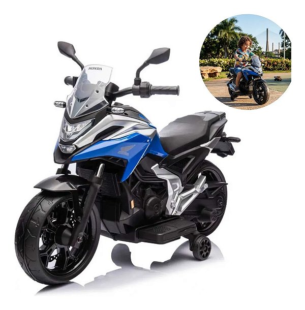 Mini Moto Elétrica Infantil 12v Honda Nc750x Azul Luz Som Rodas Apoio Bateria Recarregável Inmetro