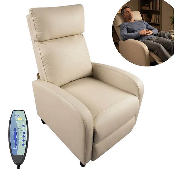 Poltrona Do Papai Reclinável Massagem Aquecimento Bege Pu Home Theater Encosto Reclinável Conforto