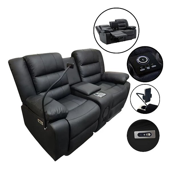 Sofá Poltrona Papai Preta Dupla Reclinável Massagem Aquecimento Bluetooth Usb Led Carregador Indução Home Theater