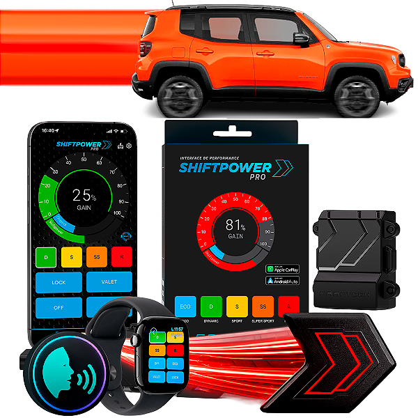 ShiftPower PRO Faaftech Chip Módulo Pedal Acelerador Eletrônico Controle Voz CarPlay Android Auto Jeep Renegade 2015/27