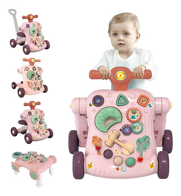 Andador Empurrador Infantil Triciclo Musical 5x1 Rosa Com Som Mesa Interativa Patinete Importway