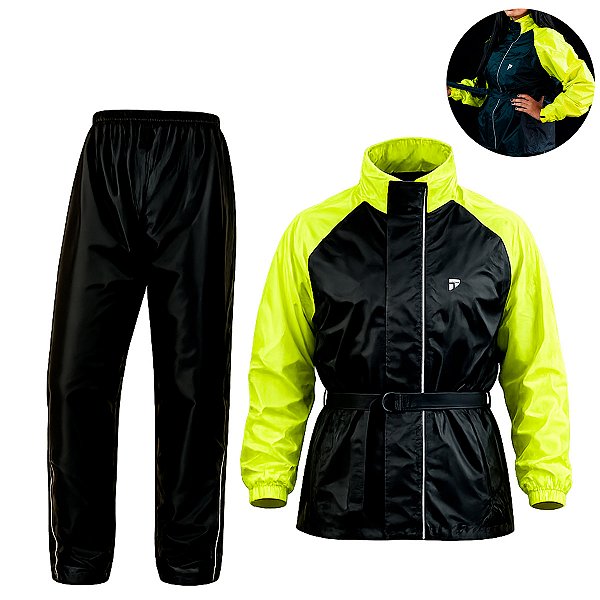 Conjunto Capa de Chuva Feminina Motociclista Nylon Traveller Com Bolso Forrado Preto com Amarelo Neon Tamanho P Pioneira