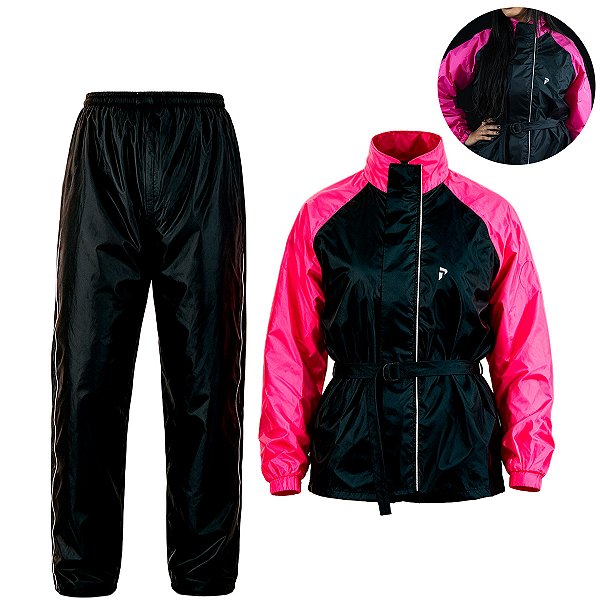 Conjunto Capa de Chuva Feminina para Motociclista Nylon Traveller Com Bolso Forrado Preto com Rosa Tamanho M - Pioneira
