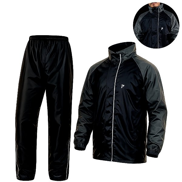 Conjunto Capa de Chuva Motociclista Nylon Traveller Com Bolso Forrado Preto c/Cinza Chumbo Tamanho P M G GG XG Pioneira