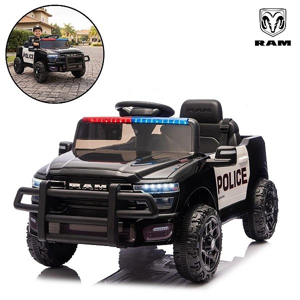 Carrinho Elétrico Infantil Ram 3500 Rho Polícia 12v Com Empurrador Som Luz Bateria Recarregável Importway
